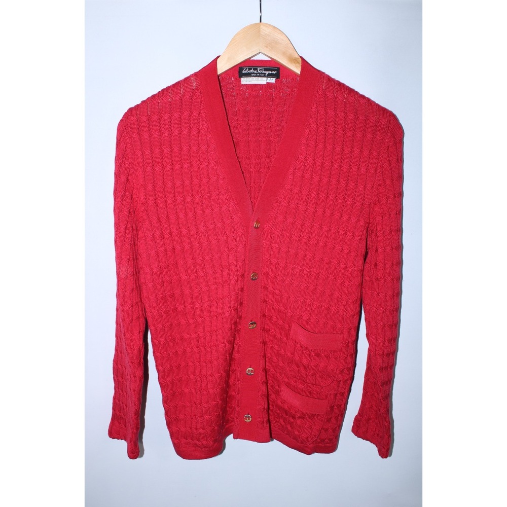 Salvatore Ferragamo Women's Medium Red Cotton Cable Knit Cardigan